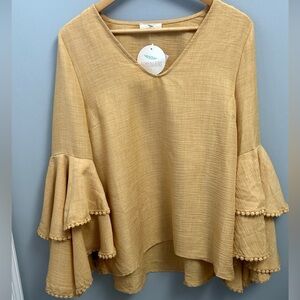 NWT Hummingbird Golden Tiered Ruffle Bell Sleeve with Pom Pom Detail Blouse